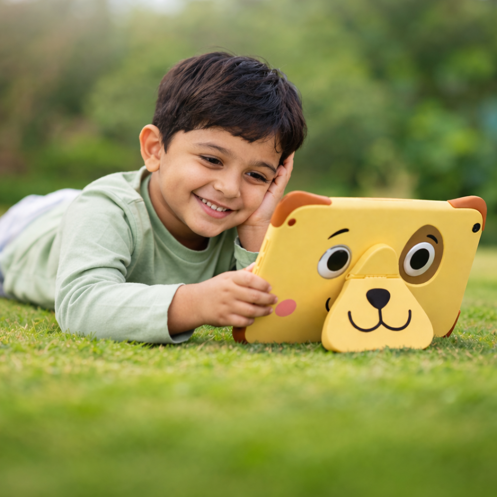 boy enjoying tablet on sunny grass