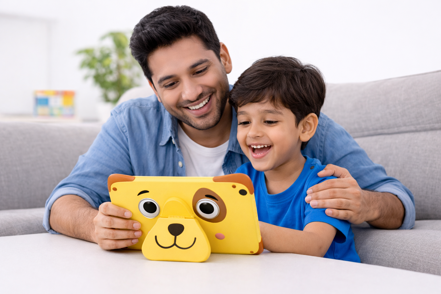 father and son with tablet fun