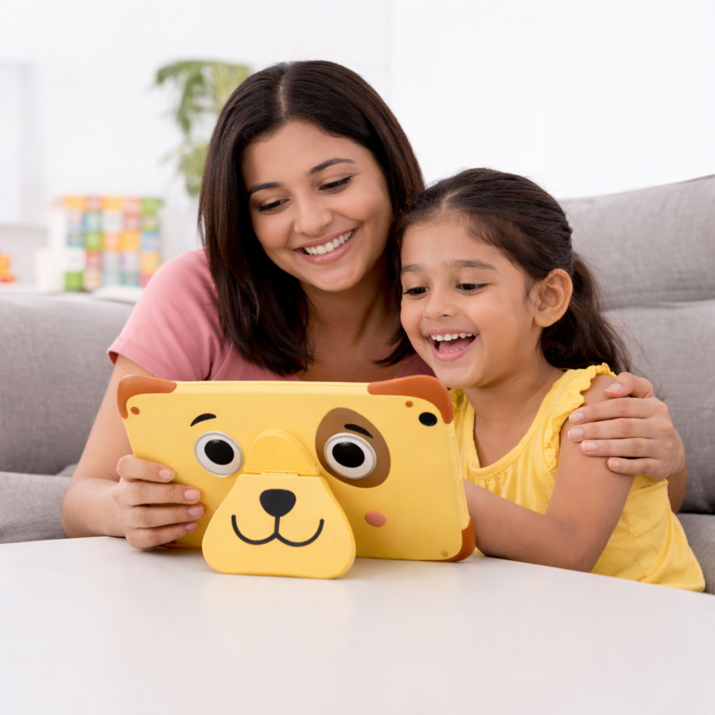 mother and daughter enjoying a tablet